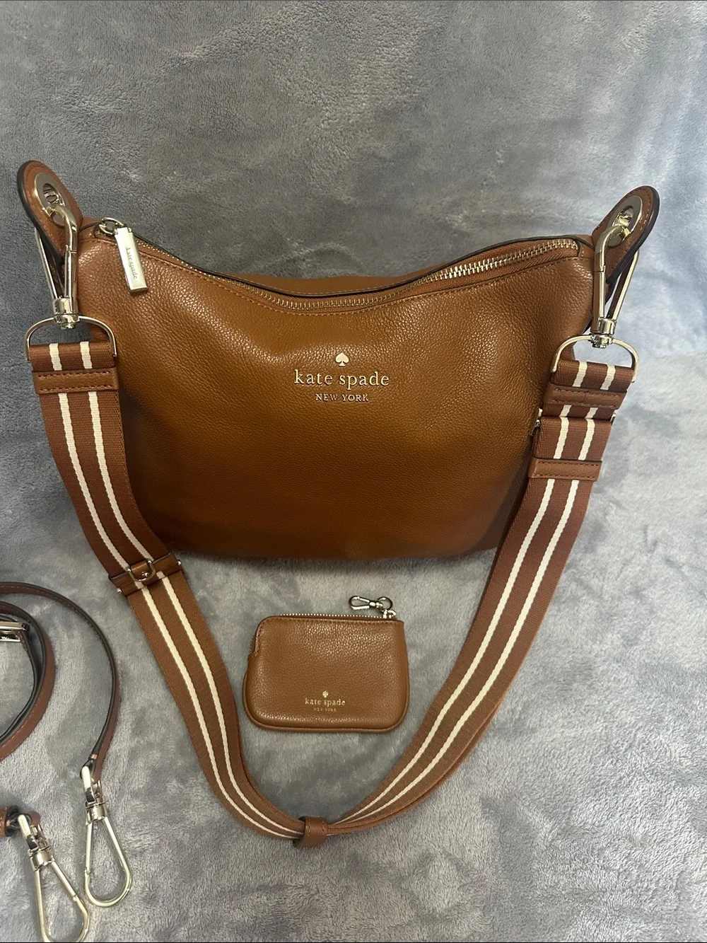 kate spade Brown Pebbled Leather Crossbody with Striped Strap